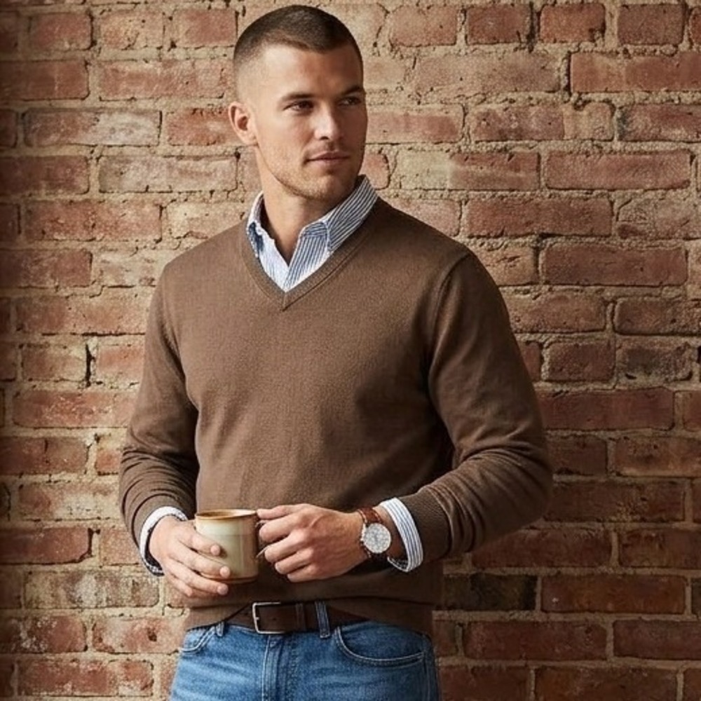 Lands End V-Neck Sweater Mens Medium Brown Cotton Knit Classic Earthy Preppy
